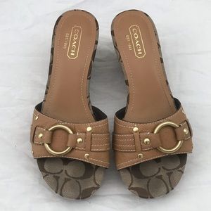 Coach Logo and Tan Wedge Sandals